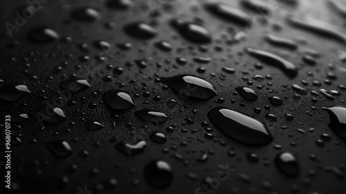 A close-up of rain droplets on a black surface, showcasing the intricate patterns created by the falling water, with a solid light color background to enhance contrast.