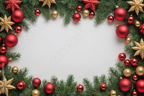 christmas frame of spruce, red  gold christmas decorations on white background photo