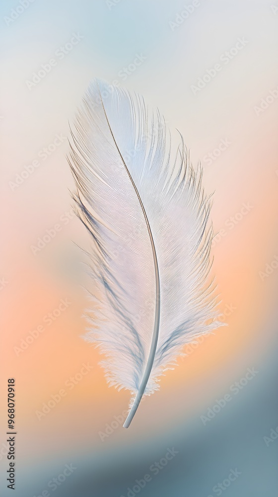Naklejka premium A single feather caught in the wind, floating gracefully against a pastel backdrop, evoking a sense of freedom