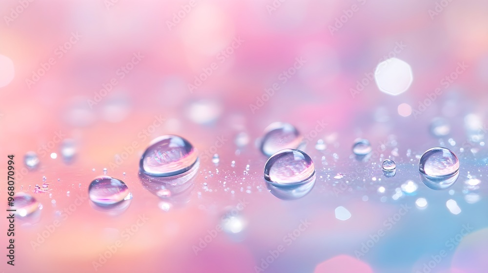 A close-up of raindrops on a smooth, transparent surface, showcasing the intricate details and reflections, with a soft pastel color background A close-up of raindrops on a smooth, transparent surface, showcasing the intricate details and reflections, with a soft pastel color background