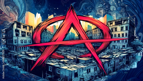 A large red symbol of anarchy on a blue background with ruined buildings.