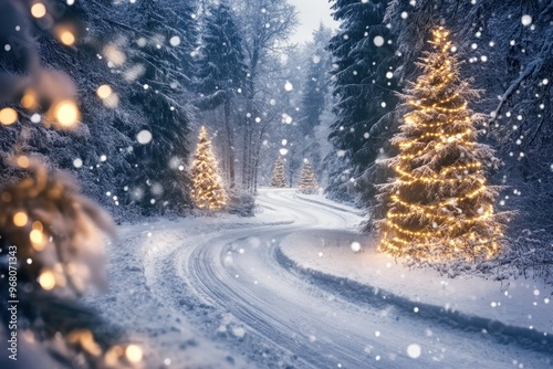 Illuminated Christmas Tree in a Snowy Forest Path
