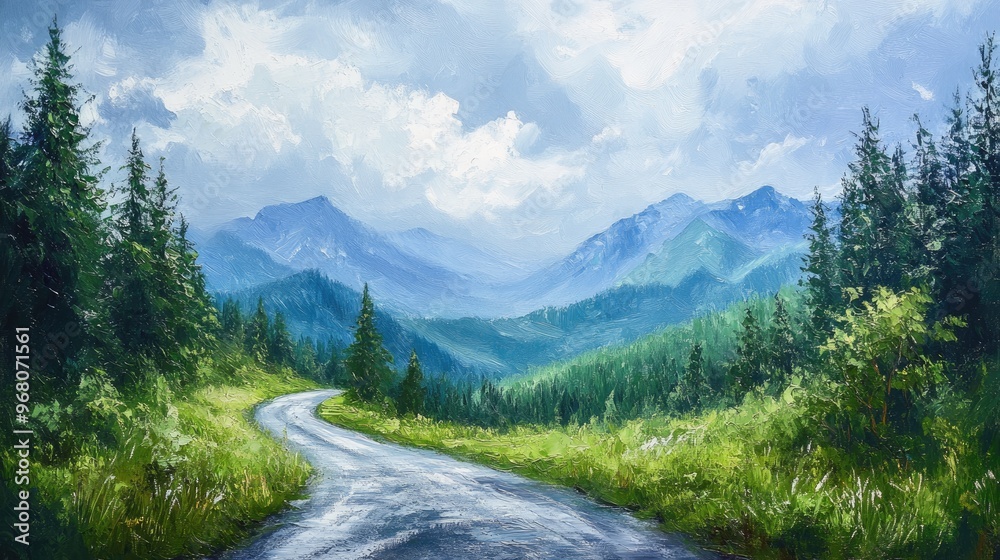 Oil painting depicting a serene road through a lush green forest on a rainy summer day featuring mountains trees grass and a cloudy blue sky in a tranquil landscape Oil painting depicting a serene road through a lush green forest on a rainy summer day featuring mountains trees grass and a cloudy blue sky in a tranquil landscape