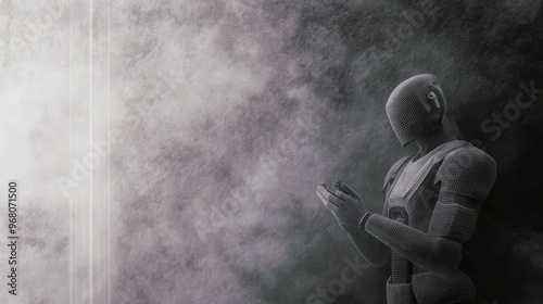 A humanoid figure lost in thought reflects on existence amid ethereal fog