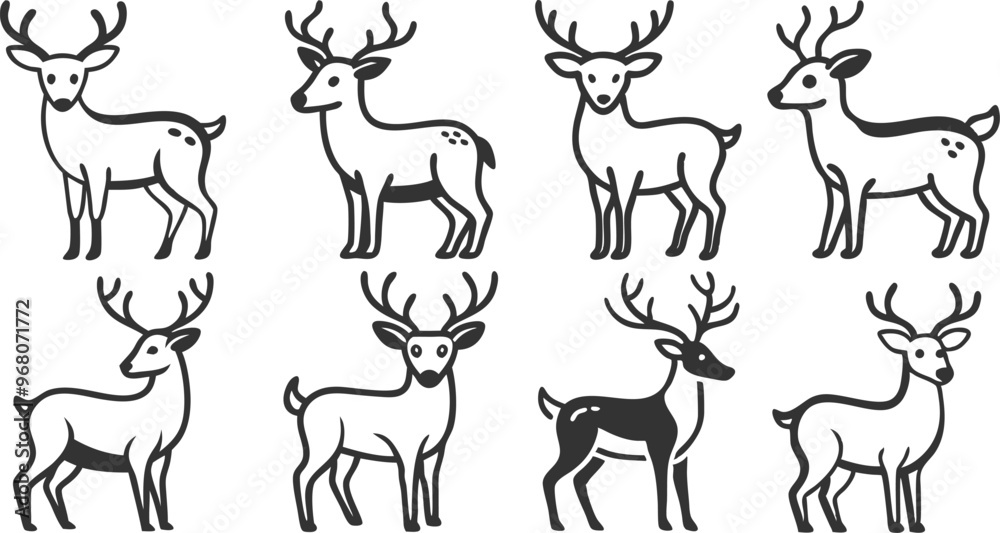 A series of deer with different antlers and different poses A series of deer with different antlers and different poses