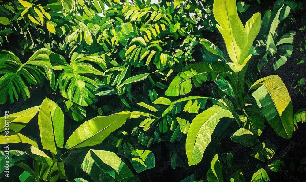 Fototapeta premium Vibrant oil painting depicting abundant greenery highlighting the challenges of obtaining it due to environmental issues