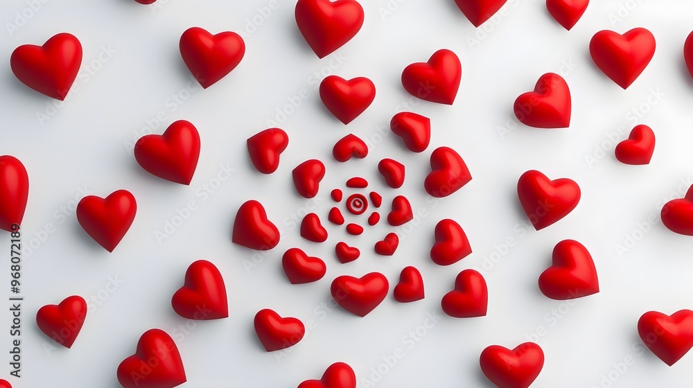 A close-up shot of realistic red hearts arranged in a spiral pattern on a light solid color background A close-up shot of realistic red hearts arranged in a spiral pattern on a light solid color background