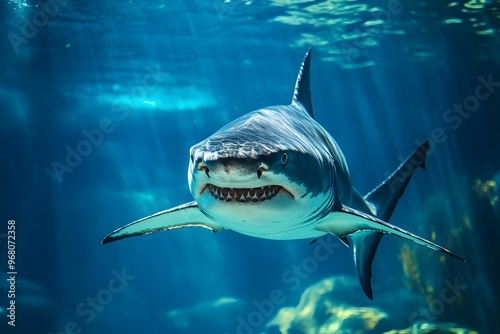 great white shark swimming underwater in the ocean, predator