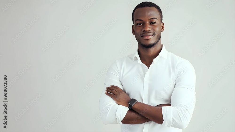 A man standing with a slight smile, arms crossed, exuding confidence on a light solid color background A man standing with a slight smile, arms crossed, exuding confidence on a light solid color background
