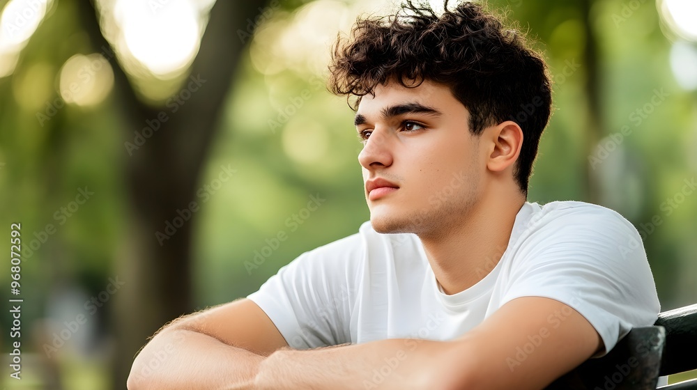 A young man sitting on a park bench, looking thoughtfully into the distance, with a light solid color background that enhances his expression A young man sitting on a park bench, looking thoughtfully into the distance, with a light solid color background that enhances his expression