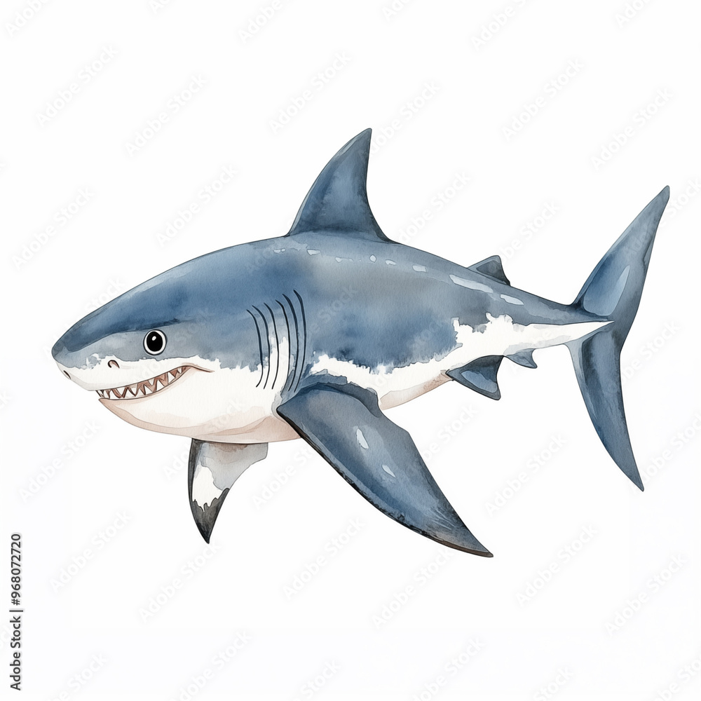 Fototapeta premium Watercolor cartoon cute baby shark on white background.