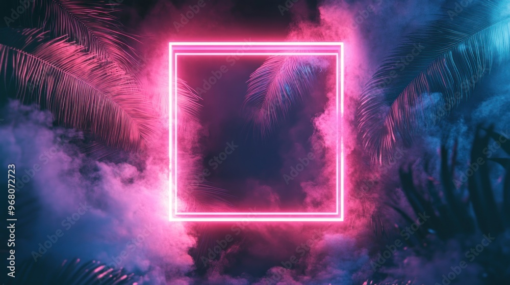 Neon Square Frame with Palm Leaves and Smoke Neon Square Frame with Palm Leaves and Smoke