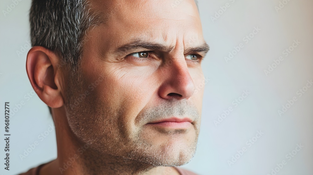 Obraz premium A close-up portrait of a middle-aged man with a thoughtful expression, set against a light solid color background