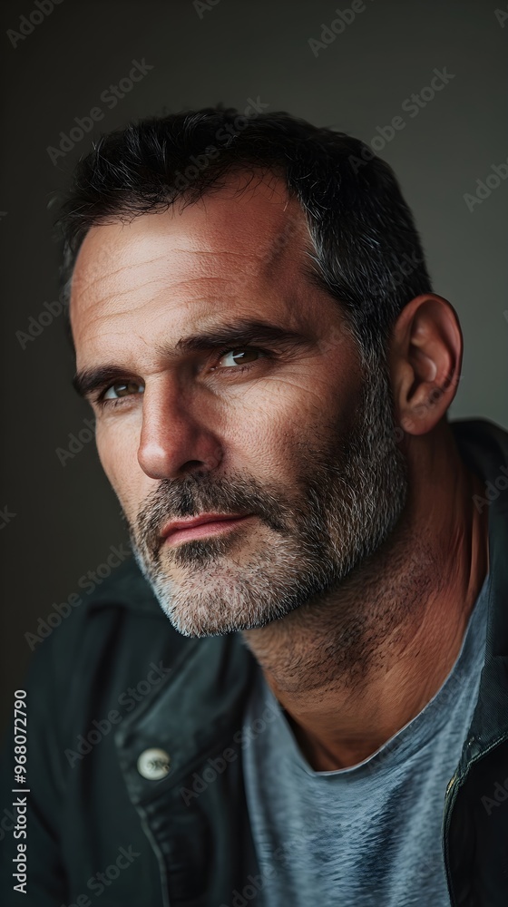 Fototapeta premium A mature man with a rugged look, featuring a strong jawline and deep-set eyes, captured in soft lighting on a plain background