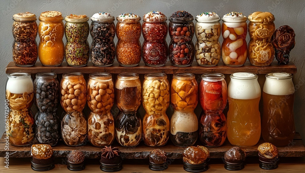 a shelf with jars of food. a shelf with jars of food.