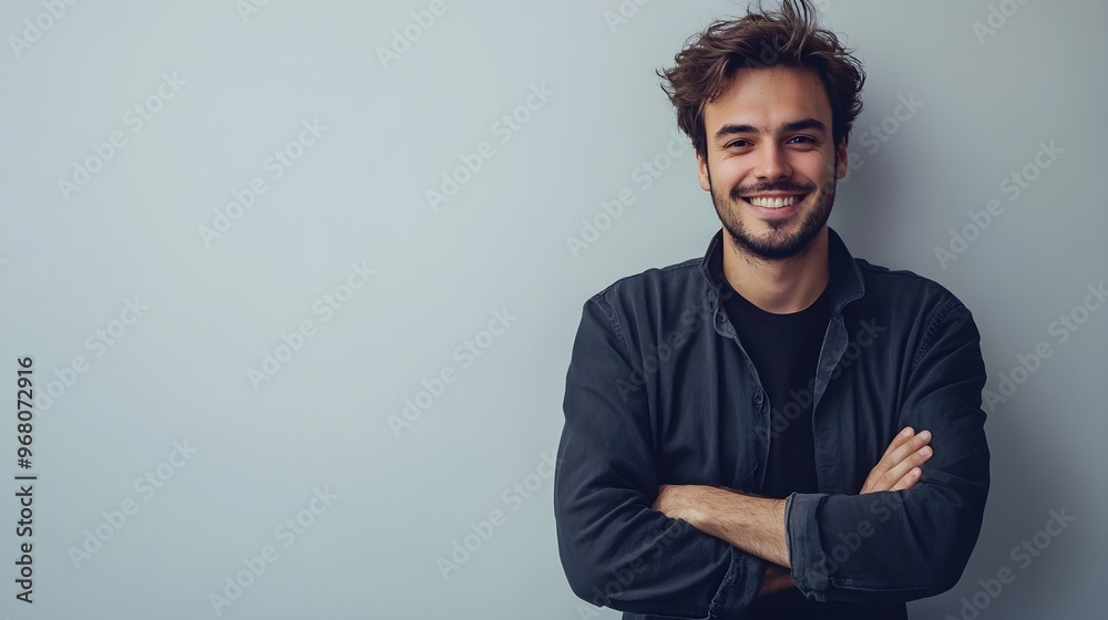 Naklejka premium A charming man with striking features and a warm smile poses casually with crossed arms, set against a plain light backdrop