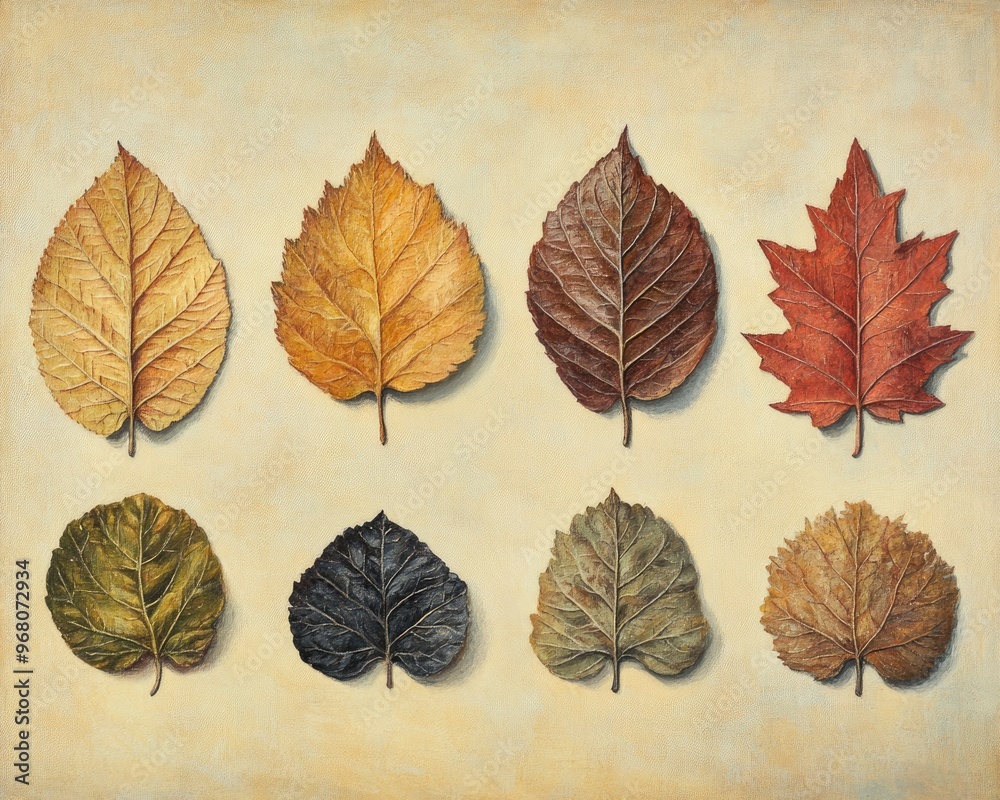Fototapeta premium Oil painting depicting a collection of six distinct leaves on a neutral background