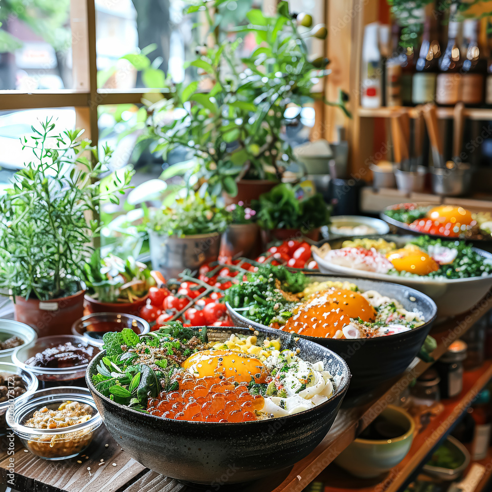 A table with several bowls of food, including one with a fried egg A table with several bowls of food, including one with a fried egg