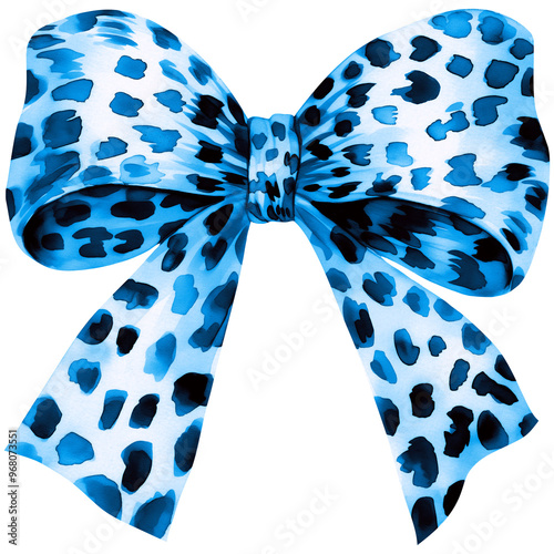 Blue Leopard Print Watercolor Bow PNG, Cheetah Bow Clipart