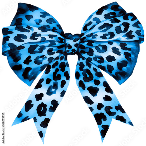 Blue Leopard Print Watercolor Bow PNG, Cheetah Bow Clipart