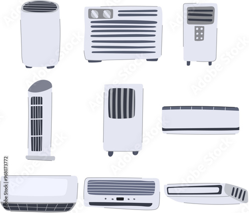 air conditioner set cartoon. thermostat refrigerant, compressor condenser, ductwork ventilation air conditioner sign. isolated symbol vector illustration