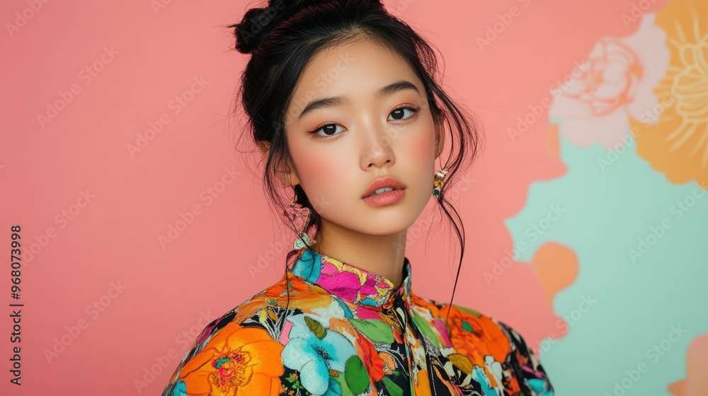 Portrait of a Young Woman with Black Hair and Floral Shirt Portrait of a Young Woman with Black Hair and Floral Shirt