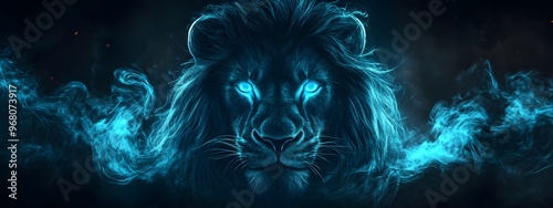 An abstract, glowing lion on a black background with glowing blue eyes