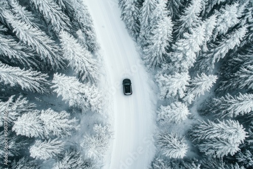 Aerial View of a Car Driving Through a Snowy Forest