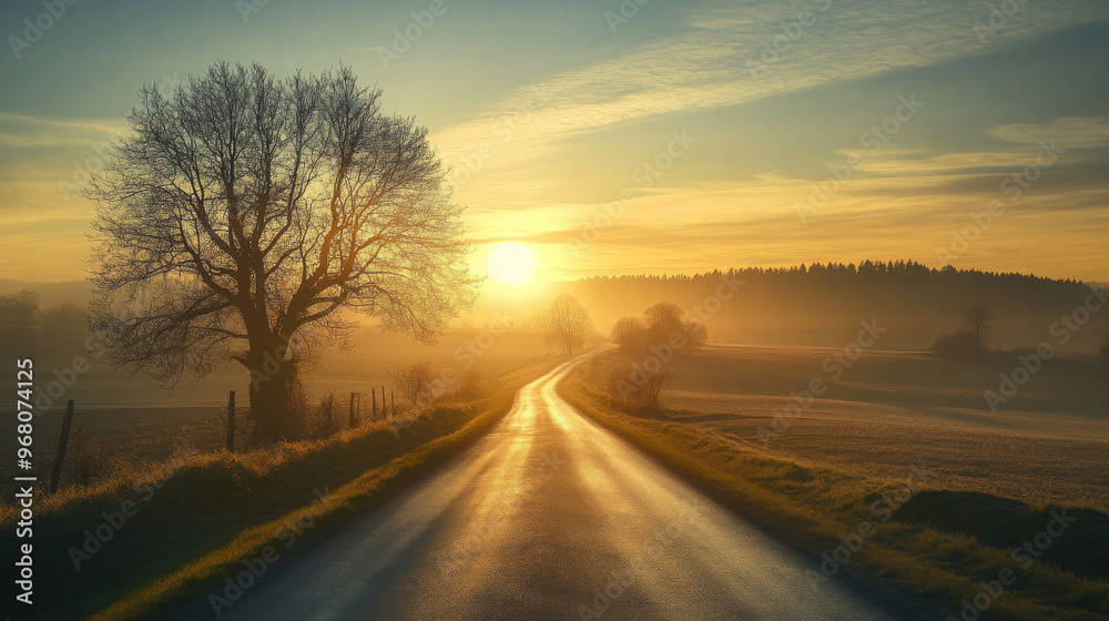 Driving along a rural road as the sun rises. Driving along a rural road as the sun rises.