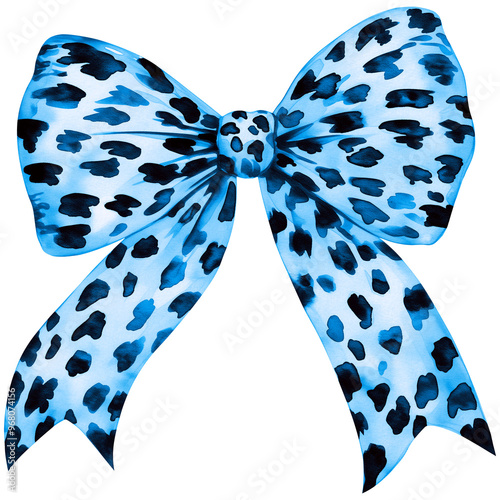 Blue Leopard Print Watercolor Bow PNG, Cheetah Bow Clipart