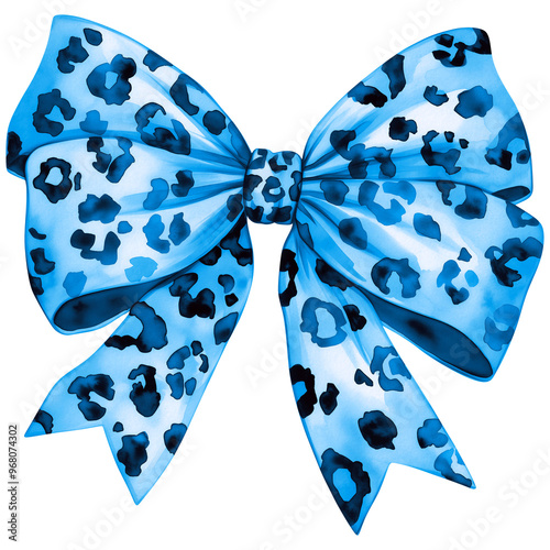 Blue Leopard Print Watercolor Bow PNG, Cheetah Bow Clipart