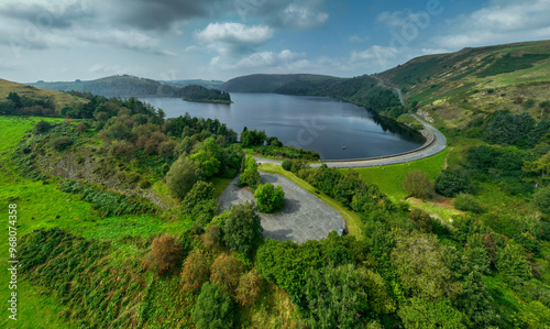 Aerial view of Bwlch-y-gle dam and Clywedog reservoir near Llanidloes, mid Wales UK 