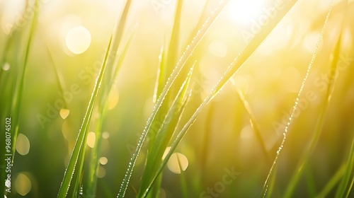 A close-up of dew-kissed grass blades, with sunlight filtering through, showcasing the intricate details of nature photo