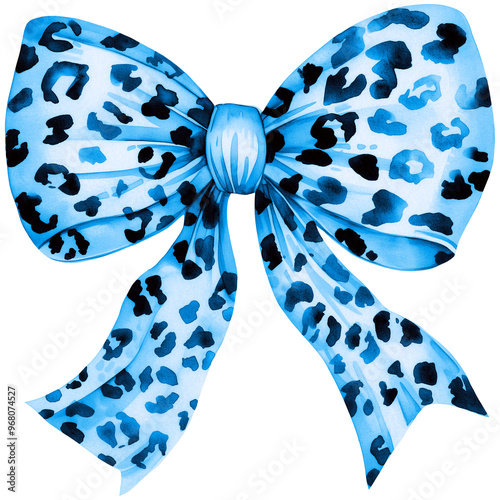 Blue Leopard Print Watercolor Bow PNG, Cheetah Bow Clipart