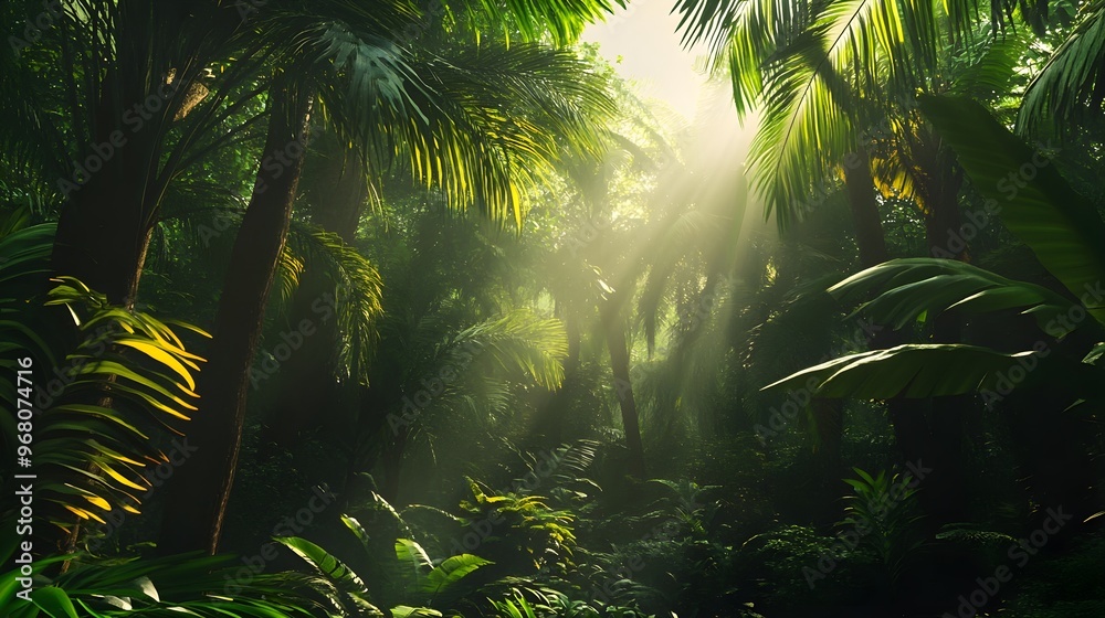 Naklejka premium A lush tropical rainforest with diverse flora and fauna, sunlight filtering through the canopy