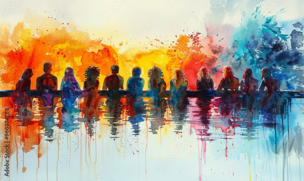 A vibrant gathering of silhouettes along the water's edge, painted with a burst of colors reflecting the warmth of sunset and the cool of twilight A vibrant gathering of silhouettes along the water's edge, painted with a burst of colors reflecting the warmth of sunset and the cool of twilight