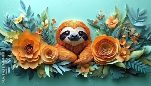 An adorable papercrafted sloth among pastel paper flowers and foliage on a turquoise background photo