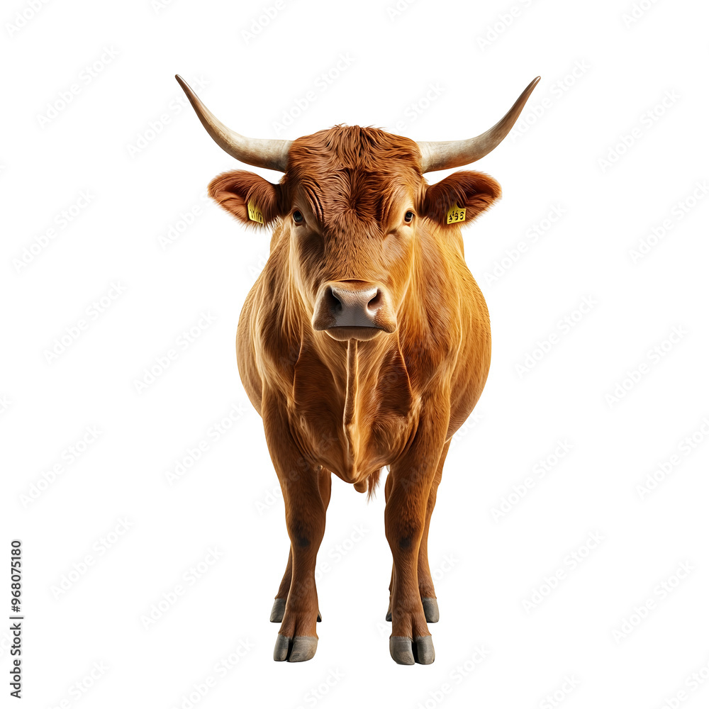 Naklejka premium Powerful Thai Red Bull with Majestic Horns Standing in Isolated White Studio