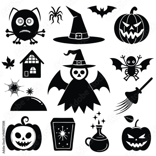 halloween set. pumpkin, skull, broom, headstone, spider, cobweb, crows, dead man's hand, witch hat, cauldron, bats. silhouette graphics. vector