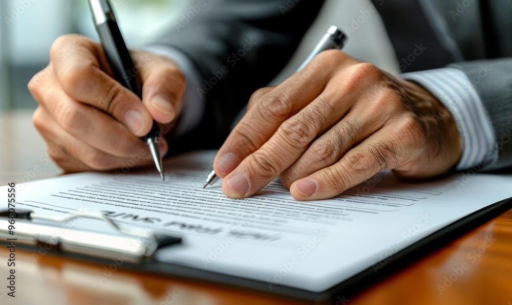 A professional signing an important document in a modern office environment during a busy workday filled with crucial decisions A professional signing an important document in a modern office environment during a busy workday filled with crucial decisions