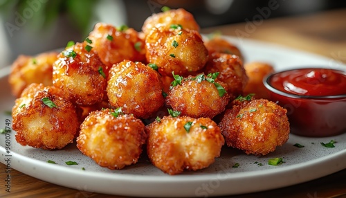 Closeup of crispy fried chicken bites drizzled with sauce, served with ketchup