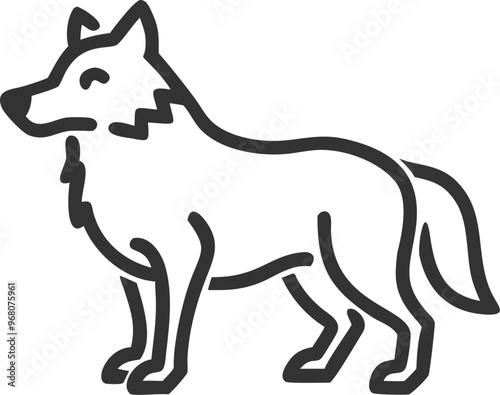 A black and white drawing of a wolf standing on a white background