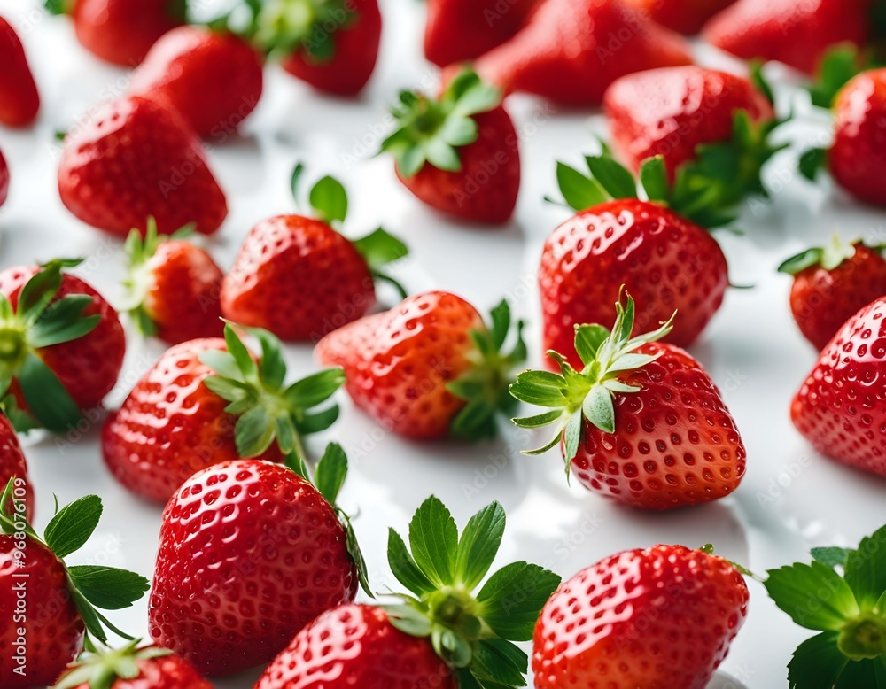 A red strawberries scattered on a white table A red strawberries scattered on a white table