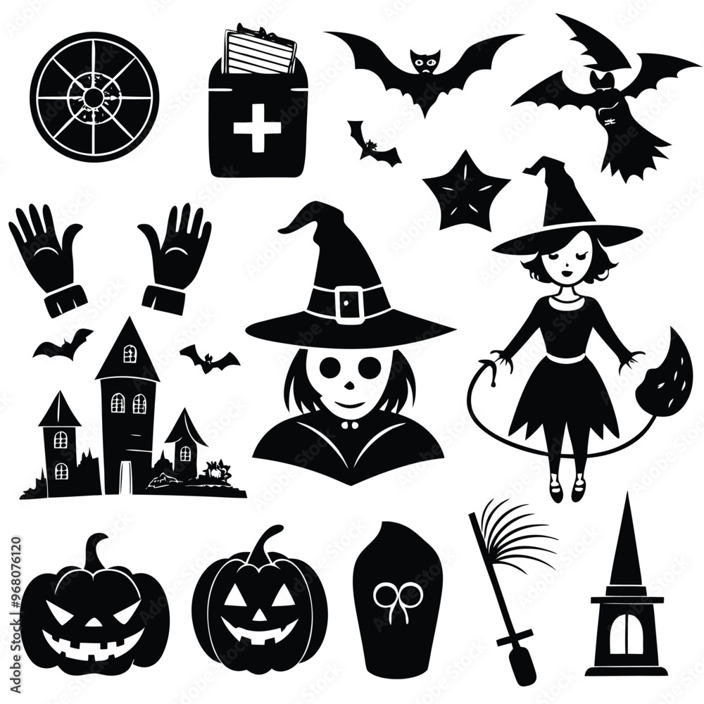 Fototapeta premium halloween set. pumpkin, skull, broom, headstone, spider, cobweb, crows, dead man's hand, witch hat, cauldron, bats. silhouette graphics. vector
