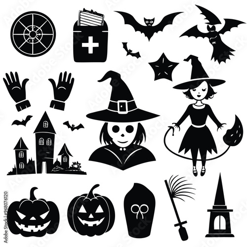 halloween set. pumpkin, skull, broom, headstone, spider, cobweb, crows, dead man's hand, witch hat, cauldron, bats. silhouette graphics. vector