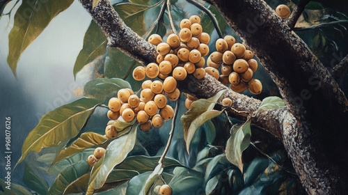 Oil painting of Plukenetia volubilis known for its edible seeds depicted on a tree photo