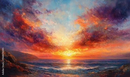 Oil painting depicting a stunning sunset with a beautiful sky filled with vibrant colors and warm tones