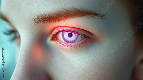 Close-up of a human eye glowing with bright colors. photo