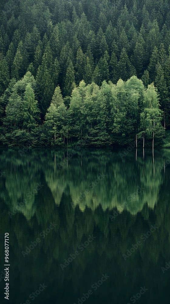 An idyllic scene of a calm lake reflecting the surrounding forest, evoking feelings of tranquility and connection with the natural world An idyllic scene of a calm lake reflecting the surrounding forest, evoking feelings of tranquility and connection with the natural world