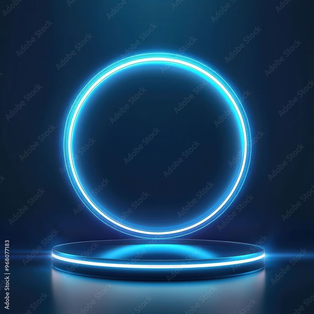 Abstract Blue Neon Circle and Platform